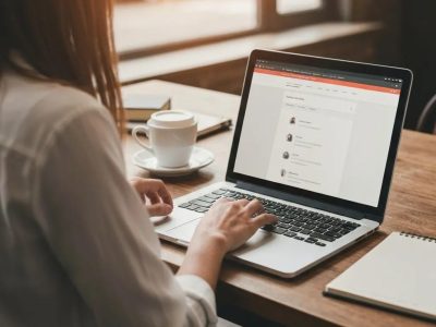 Small business owner in a cafÃ© working on a laptop, representing affordable web design in Farnborough