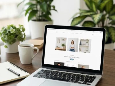 Modern workspace with a laptop showing a web design, emphasizing SEO services