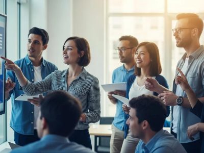 Group of professionals collaborating in a modern office, engaging in a presentation about web design and SEO strategies.
