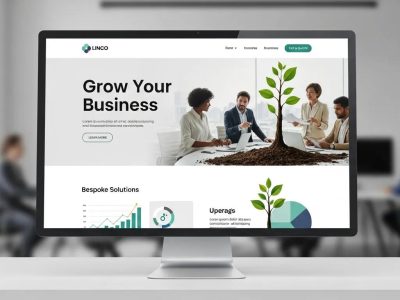 Website design on a computer screen featuring a team discussing business growth, with a graphic of a plant symbolising growth and bespoke solutions.