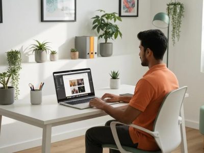 Modern web design workspace in Farnborough with a laptop displaying a website, design tools, and a creative atmosphere