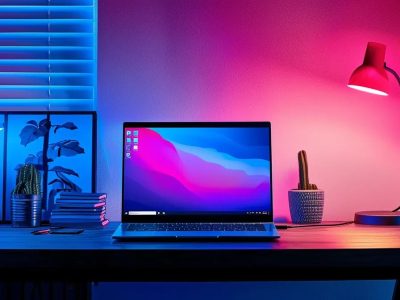 a modern office workspace featuring a sleek laptop open on a minimalist desk, showcasing a vibrant webpage design in progress, illuminated by bright, focused artificial lighting.
