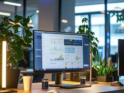 a modern office workspace showcasing a sleek computer screen displaying an engaging google business profile interface, illuminated by dynamic led lighting, conveying the message of enhanced local visibility and online presence.
