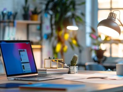 a modern office workspace showcases a sleek laptop displaying a vibrant wordpress design interface, illuminated by focused overhead lighting, surrounded by design sketches and digital mockups on the table, emphasising the dynamic relationship between web design and technology.
