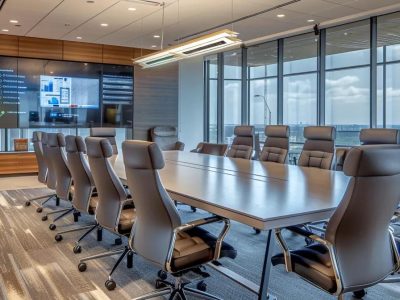 a sleek, modern office space featuring a large digital display showcasing an engaging seo checklist, with a sharp focus on a professional team collaborating around a polished conference table, immersed in strategic discussion.