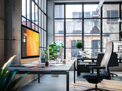 a sleek, modern office workspace showcases a vibrant web design concept on a large digital screen, highlighting the affordability and creativity of design services in camberley.