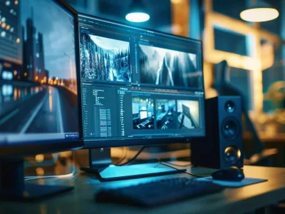 a vibrant, eye-catching display of a high-quality wordpress website design showcased on a sleek computer screen, surrounded by an inviting workspace filled with contemporary design elements and soft, natural lighting.