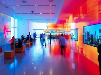 a vibrant, modern office space filled with creative web design professionals collaborating around innovative digital screens, bathed in soft natural light to inspire a productive atmosphere.