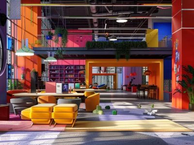 a vibrant office space filled with diverse professionals collaborating over digital designs and laptops, surrounded by colourful sketches and mock-ups, showcasing the dynamic energy of website design for small businesses.