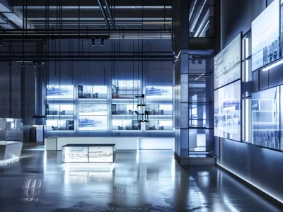 a futuristic, sleek online store website displayed on multiple digital screens in a modern office setting.