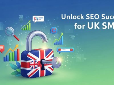 Unlocking SEO success with a padlock featuring the UK flag, surrounded by growth graphs and search icons, symbolising digital marketing for UK SMEs.