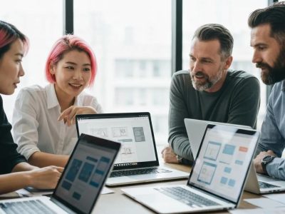 A team of professionals collaborating on a web design project, with laptops and sketches laid out.