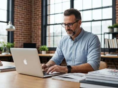 A local business owner confidently crafting their online presence in a modern, inspiring workspace