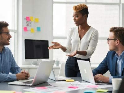 Collaborative workspace for website redesign showcasing diverse professionals and design elements