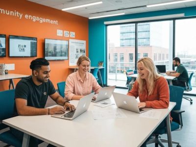 Local web designers collaborating in a modern office, emphasising community engagement and creativity