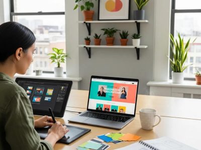 Designer working on a laptop in a modern office, showcasing vibrant website design elements