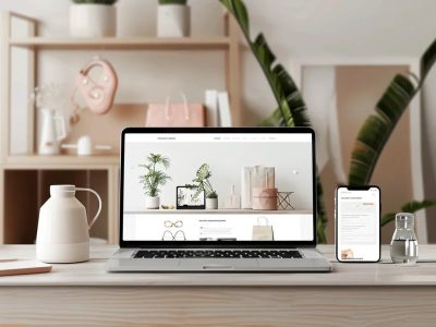 Modern e-commerce website design on laptop and smartphone in a stylish workspace