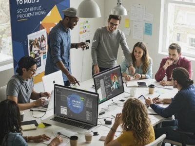 Diverse team collaborating on e-commerce website design strategies in a modern office, featuring laptops, digital design tools, and brainstorming materials.