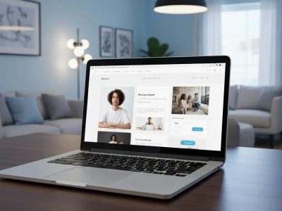 Modern website interface on a laptop in a cosy office setting