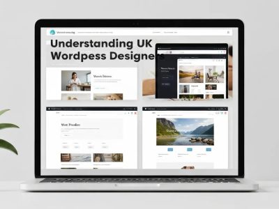 Laptop displaying various WordPress website designs with the title "Understanding UK WordPress Designers," illustrating custom web design solutions for small to medium-sized enterprises.