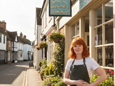 Local business owner in Hampshire smiling in front of their shop, representing local SEO services