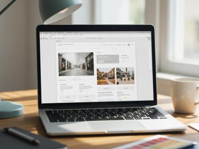 Minimalist web design workspace with a laptop showcasing a clean website layout