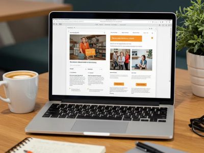 Laptop displaying a modern e-commerce website design in a cosy workspace, featuring product listings and customer engagement elements, emphasising local business development.