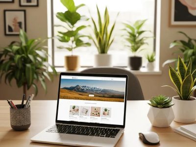 Modern office workspace with a laptop displaying a beautifully designed website, surrounded by indoor plants and a stylish desk setup, reflecting web design and digital marketing themes.