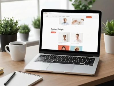 Modern workspace with a laptop showing a custom website design, emphasizing tailored web development for businesses