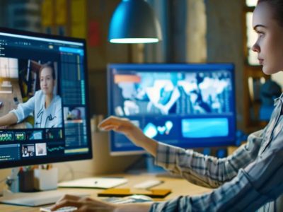a focused web designer intently reviews an intricate digital mockup on a sleek computer screen in a modern office filled with design tools and creative inspiration.