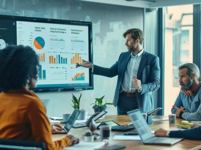 a modern office meeting room featuring a diverse group of professionals discussing a digital portfolio on a large screen, exuding a collaborative atmosphere and a focus on selecting the ideal wordpress web designer.