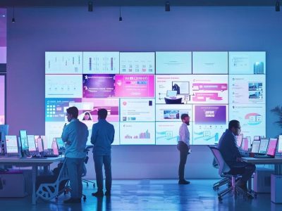 a sleek, modern office environment featuring a vibrant team engaged in an animated discussion over a large digital display showcasing diverse website redesign concepts, illuminated by dynamic led lighting.