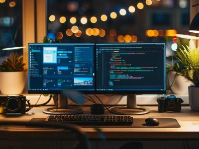 a sleek, modern office setting showcases two brilliant computer screens, one displaying the vibrant interface of wix and the other the intricate layout of wordpress, both illuminated by overhead lighting that highlights a dynamic contrast of digital creativity and technical functionality.