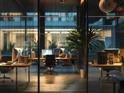 a sleek, modern office workspace showcases two contrasting workstations: one cluttered with multiple monitors and branding materials for an agency, and the other minimalist and personalised, representing a freelance designer's creative space, all illuminated by sharp, focused artificial lighting.