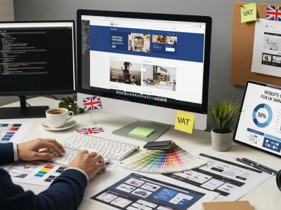 Professional web designer working on a laptop with design tools and elements, illustrating the theme of web design costs in the UK.