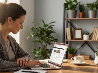 Small business owner designing a website on a laptop in a cozy office