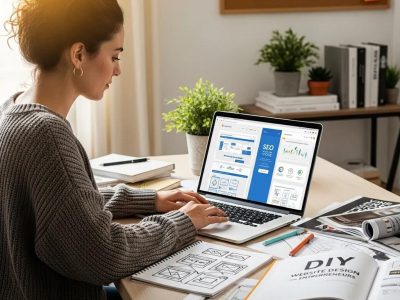 Woman designing a website on a laptop, surrounded by design sketches and stationery, illustrating the website redesign process for small businesses.