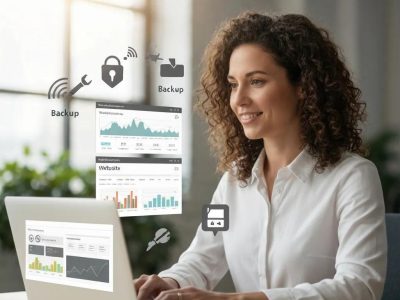 Small business owner managing website maintenance tasks with tools and icons representing security, speed, and backups