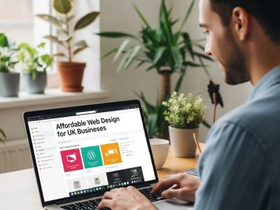Person working on a laptop in a modern office, displaying a webpage titled "Affordable Web Design for UK Businesses," surrounded by indoor plants, illustrating web design services for small businesses.