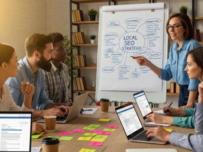 Small business owners collaborating on local SEO strategies in a vibrant workspace