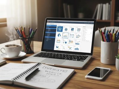 Small business workspace showcasing WordPress on a laptop with office supplies, illustrating digital empowerment for entrepreneurs.