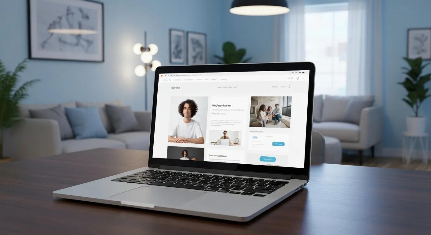 Laptop displaying a modern website design with a focus on user experience, set in a stylish living room environment.