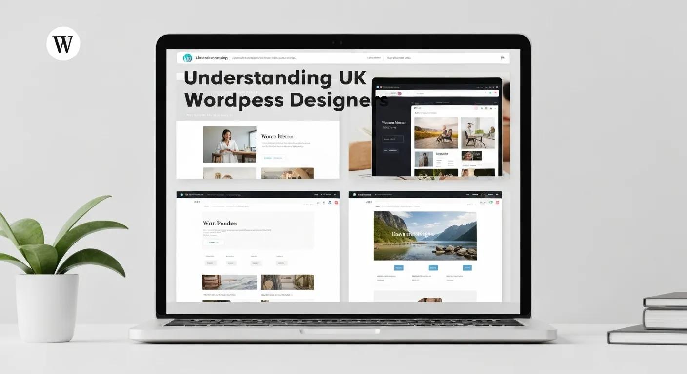 Laptop displaying multiple WordPress website designs, featuring the title "Understanding UK WordPress Designers," emphasising web design services and user experience for potential clients.