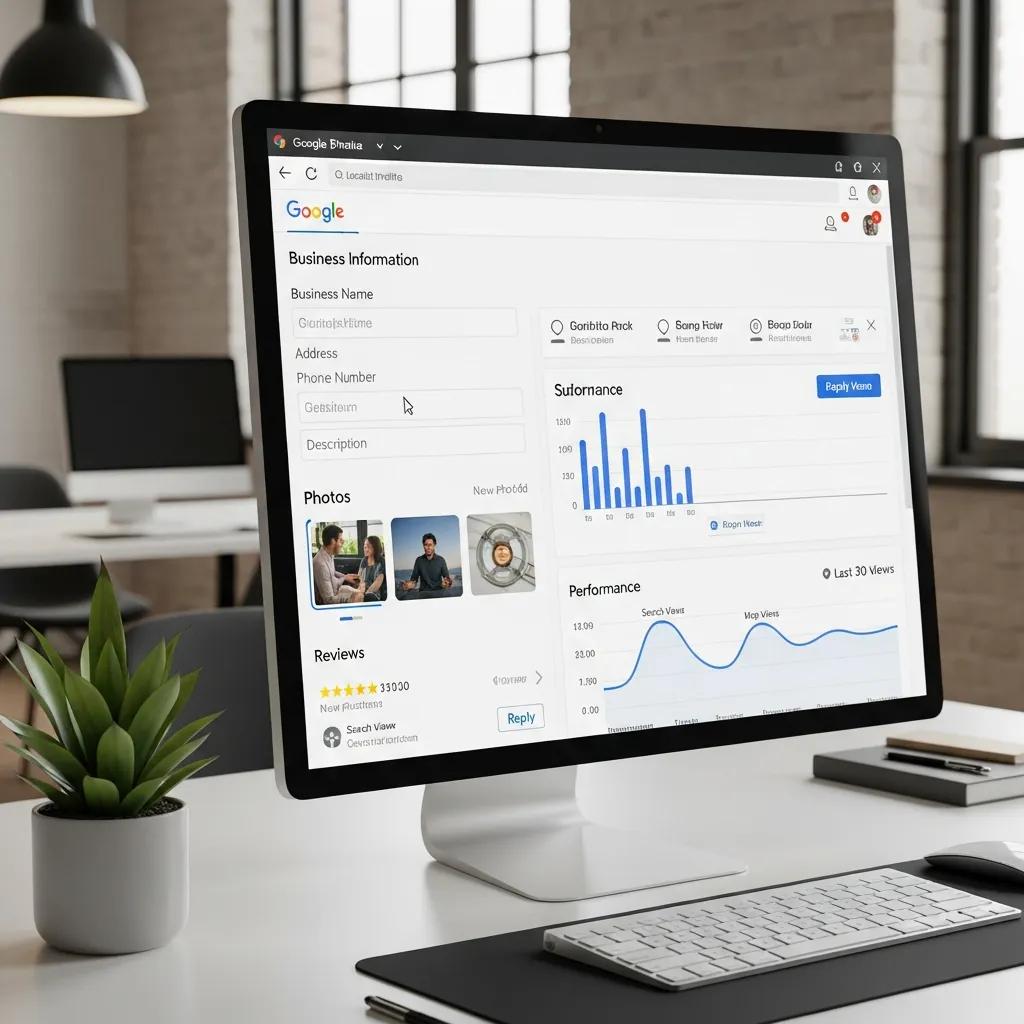 Google Business Profile dashboard being optimized for local SEO, highlighting key sections