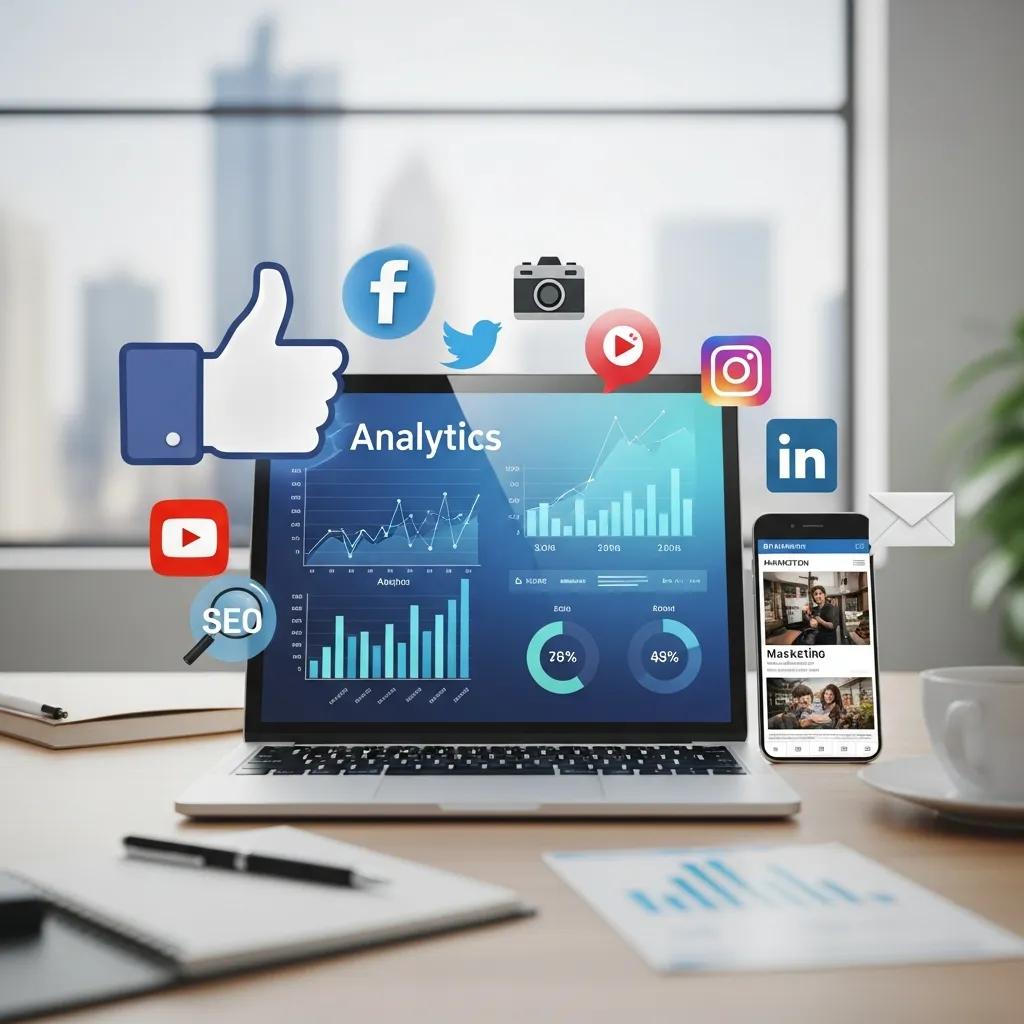 Laptop displaying analytics and graphs with social media icons (Facebook, Twitter, Instagram, YouTube, LinkedIn) and SEO elements, emphasising digital marketing strategies for local business growth.