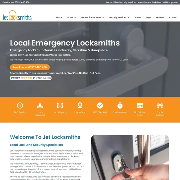Local emergency locksmith services in Surrey, Berkshire, and Hampshire, showcasing a locksmith assisting with a door lock, highlighting 24/7 availability and family-run business ethos.