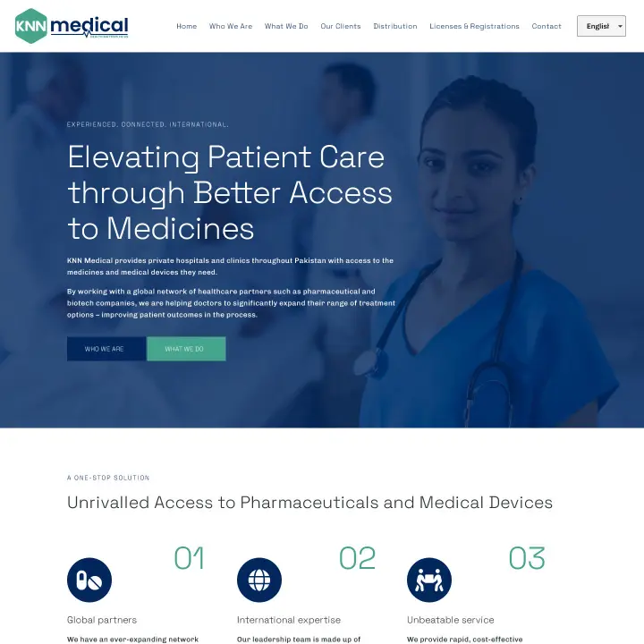 KNN Medical website homepage featuring healthcare professional, promoting access to medicines and medical devices in Pakistan.