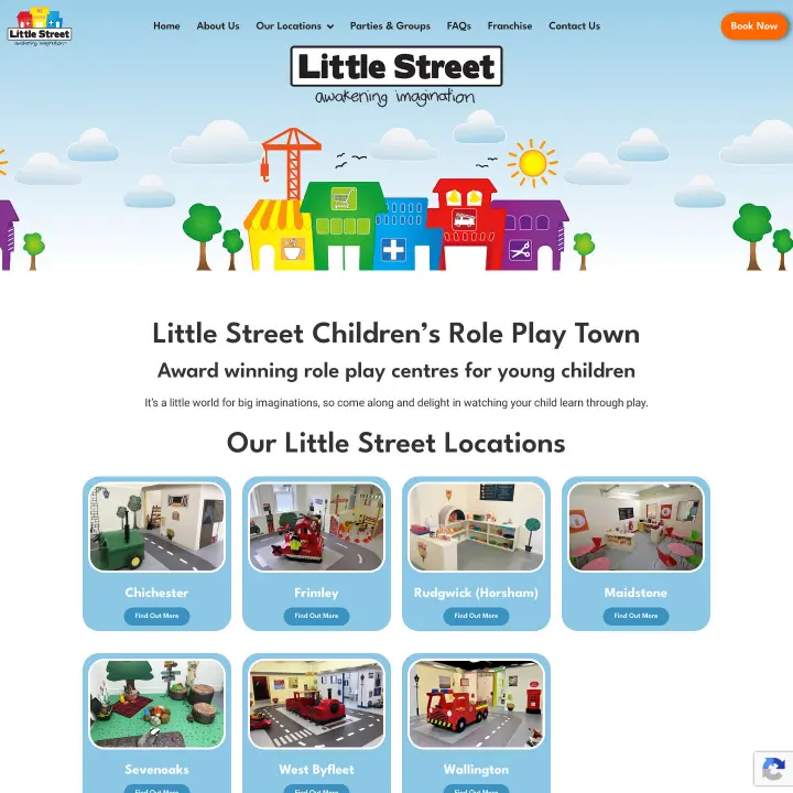 Little Street website homepage featuring vibrant illustrations of a children's role-play town, showcasing buildings like a supermarket, medical centre, and construction site.