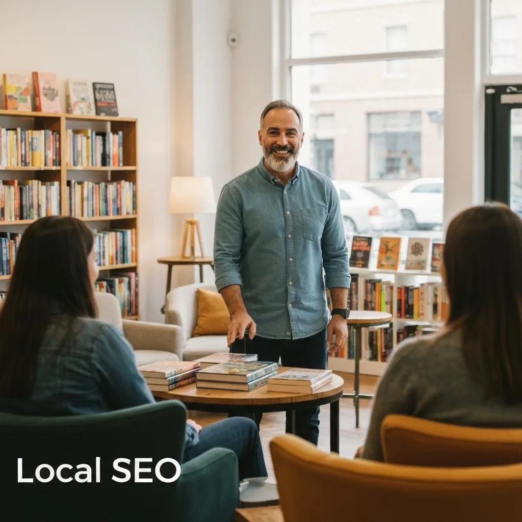 Local business owner engaging with customers in a welcoming setting, discussing local SEO strategies, surrounded by books and a warm atmosphere.