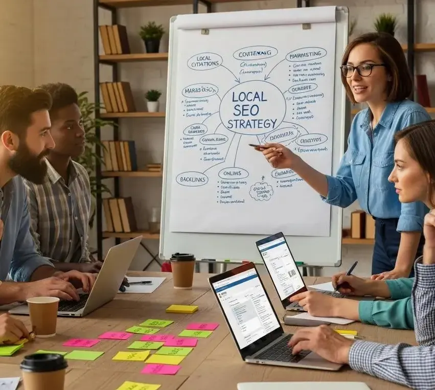 Team collaborating on local SEO strategy in a vibrant workspace, showcasing website optimisation and digital